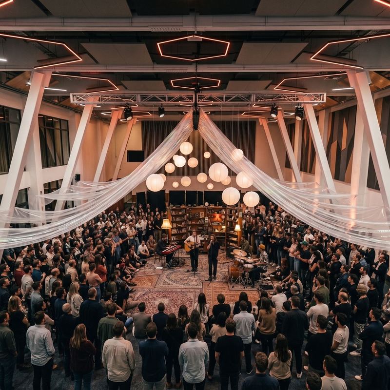 Vista aérea de un concierto íntimo con banda sobre tapetes, rodeada de público
