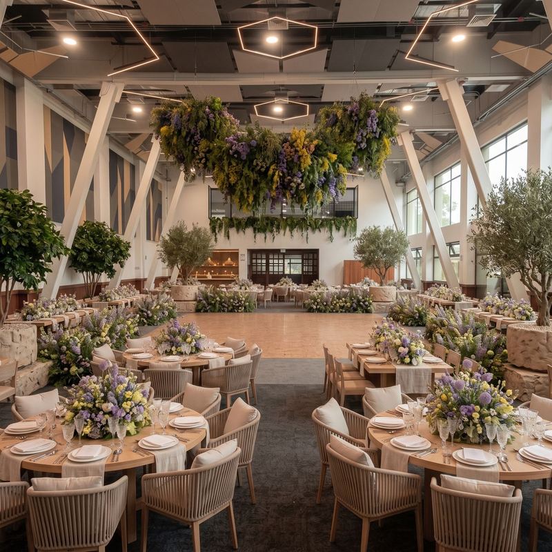 Salón Grand montado con olivos, flores lilas y amarillas y sillas de ratán